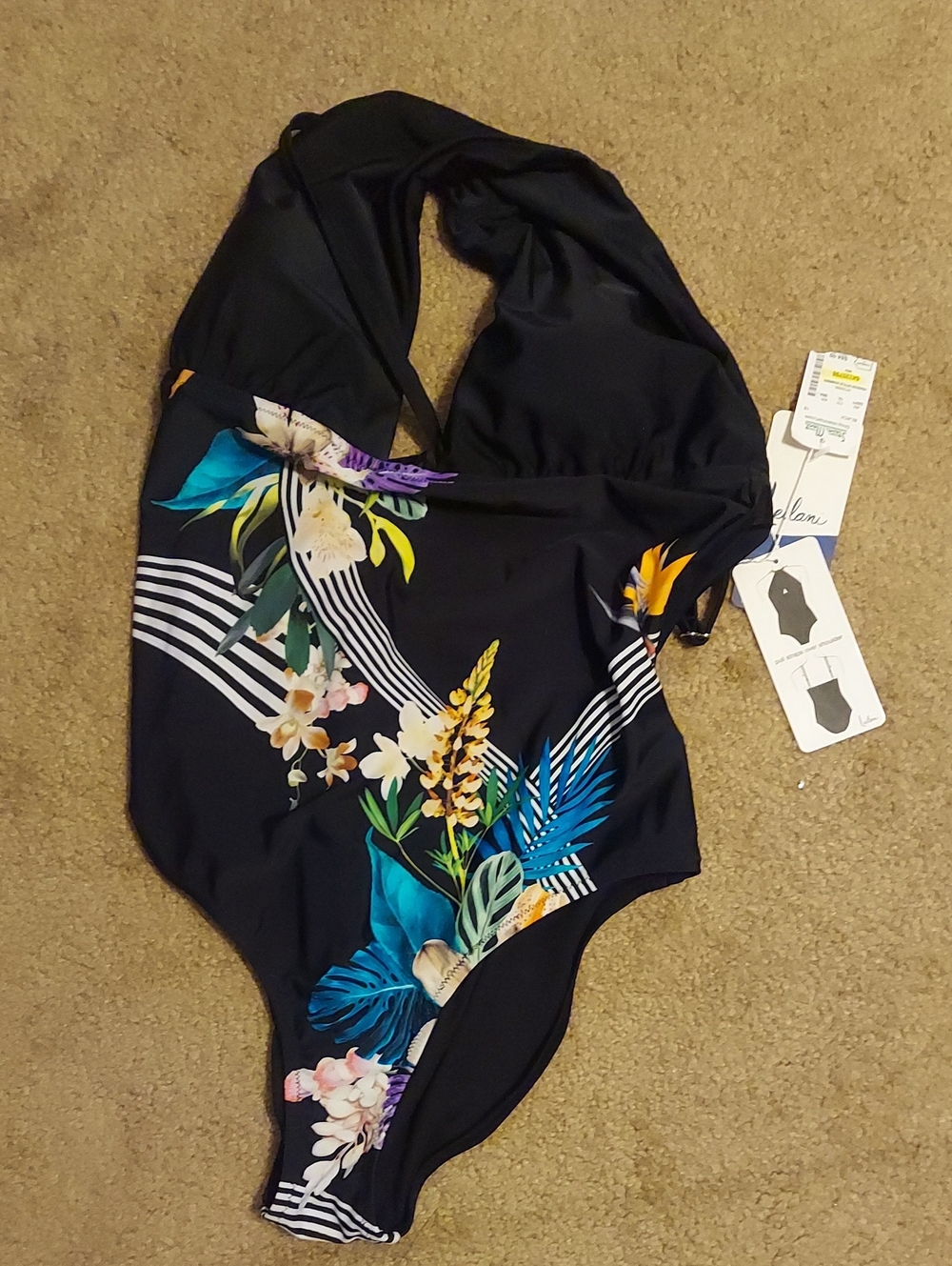 Black Floral One-Piece Swimsuit - Halter Style